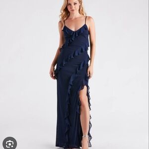 Blue Ruffled Maxi Dress with Slit and Spaghetti Straps